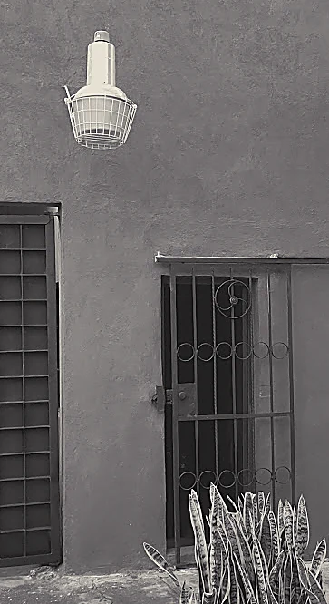 Entrada del estudio: reja negra de herrería bajo una lámpara colgante, en el muro gris